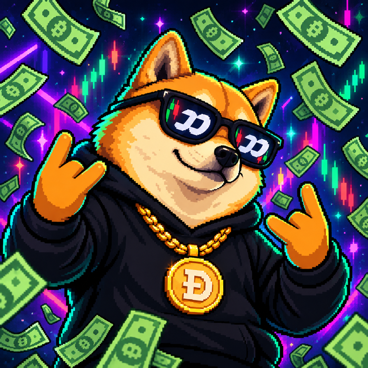 FOMOINU surrounded by cash and neon trading charts