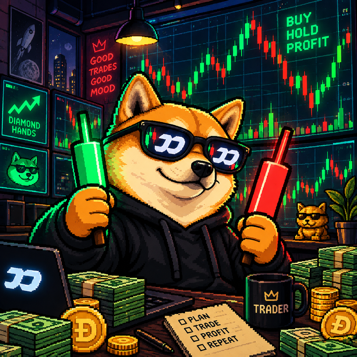 FOMOINU at a trading desk holding green and red candles