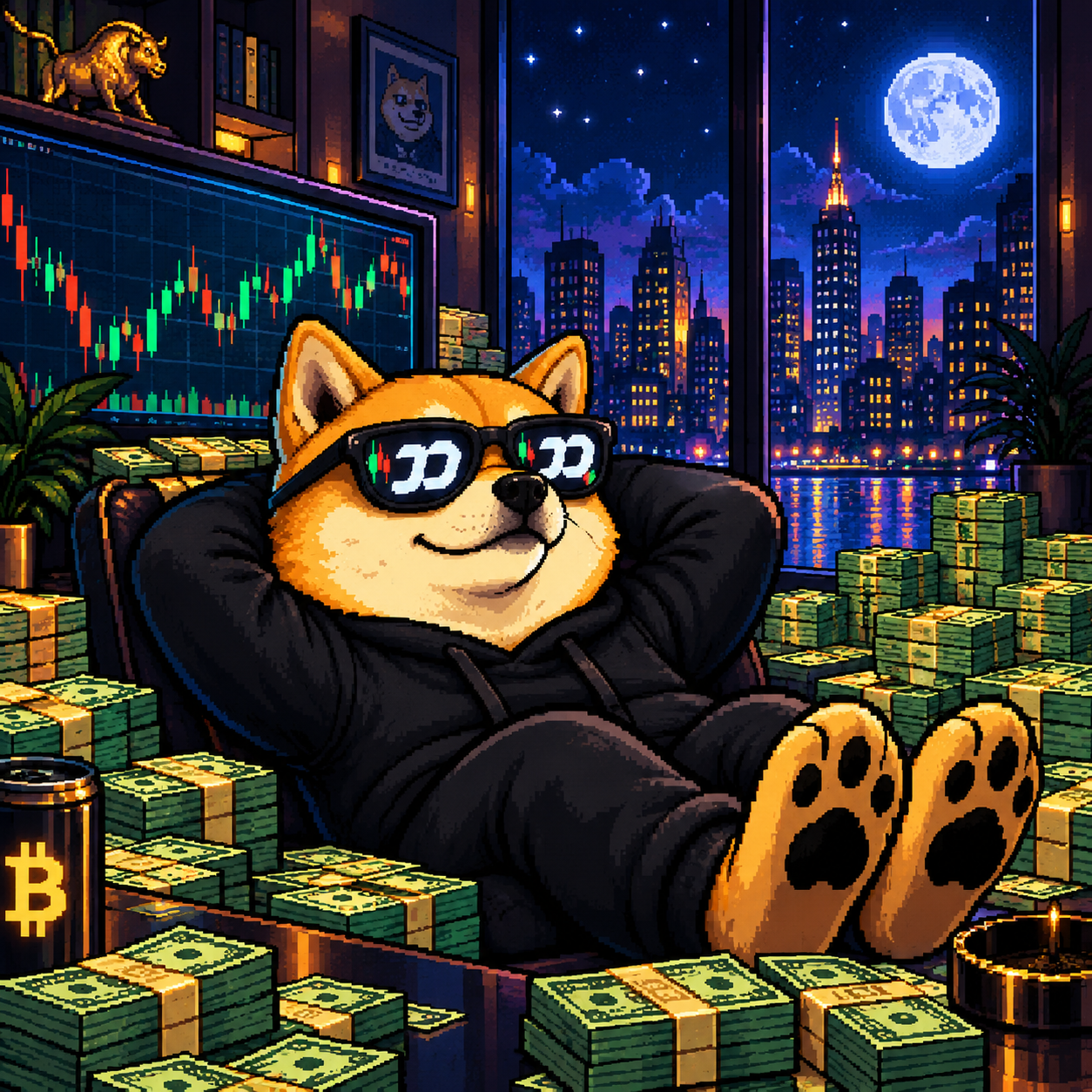 FOMOINU relaxing in a penthouse surrounded by stacks of cash